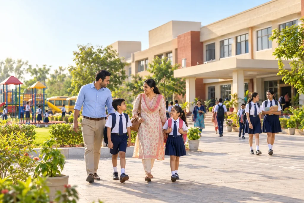 Schools in Suratgarh with parents and children visiting a modern school campus